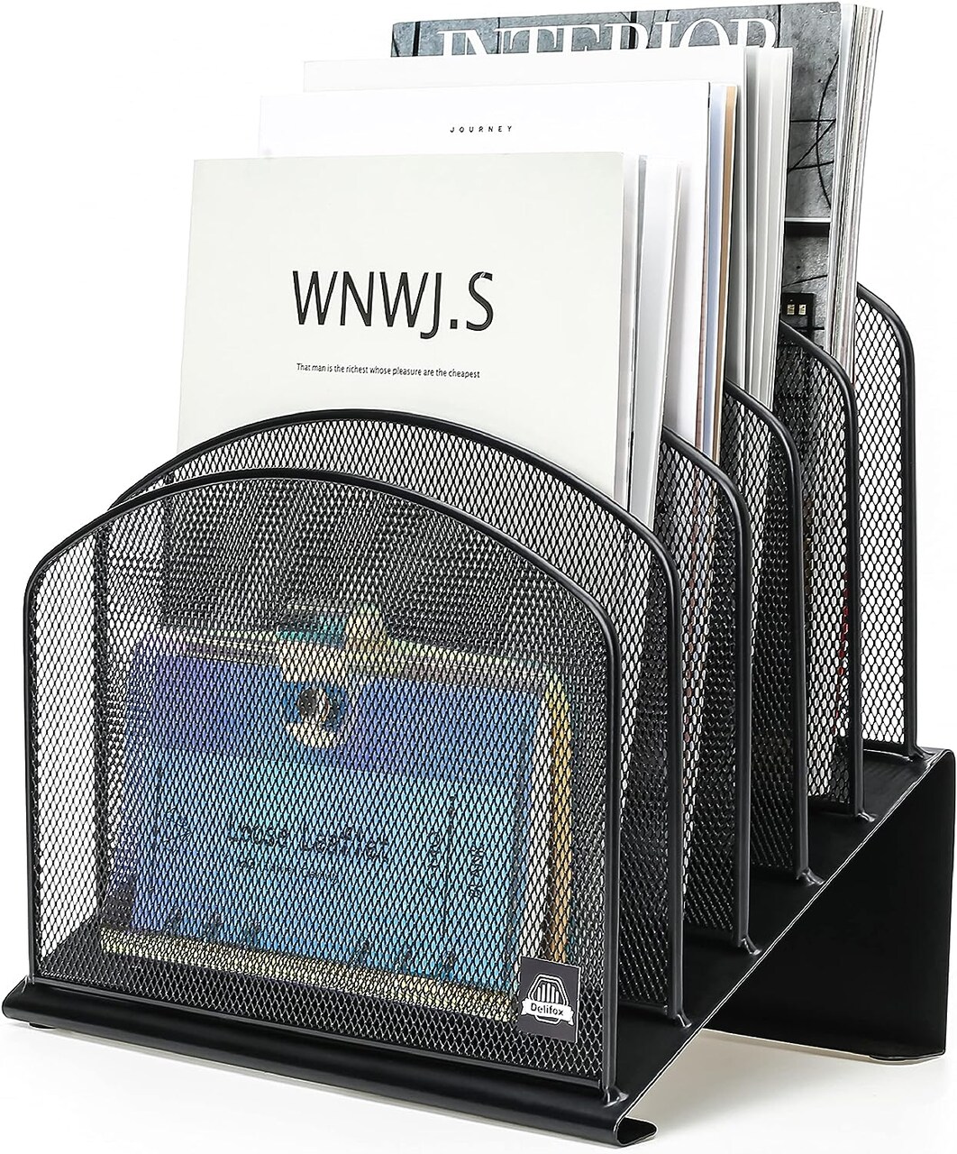 Inclined Desk File Organizer, 5-Section Vertical File Folder Holder Stand Metal Rack File Sorter for Office Classroom Desktop Organization (Black, 1Pack)